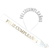 Diadema y banda blanca de Feliz Cumpleaños plateado