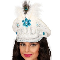 Gorra de policia de bride blanca con plumas y pedreria
