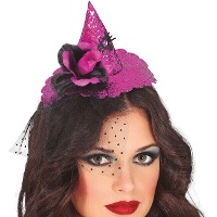 Diadema mini sombrero de bruja con flor y lentejuelas