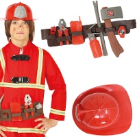 Cinturón con accesorios y casco de bombero infantil