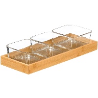 Set de bandeja de bambú con 3 cuencos de cristal para aperitivo