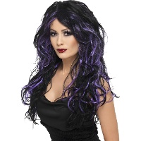 Peluca larga negra rizada con mechas de colores