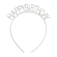 Diadema de Happy Birthday plateada con perlas
