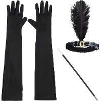 Conjunto de los años 20 con diadema, boquilla y guantes